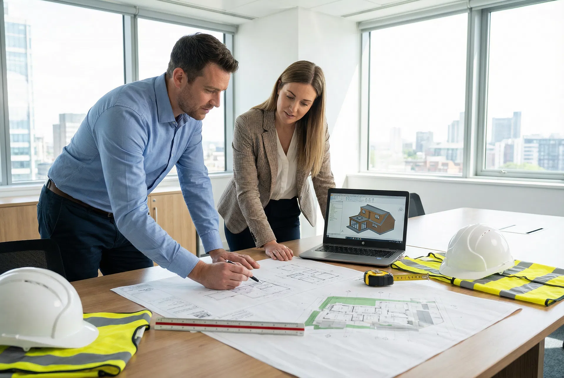 TCM Building team reviewing extension plans and drawings