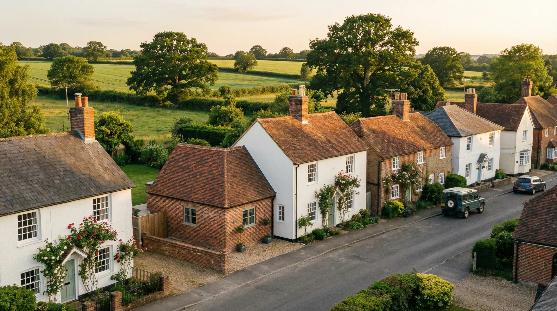 Hertfordshire village street with period homes and countryside backdrop